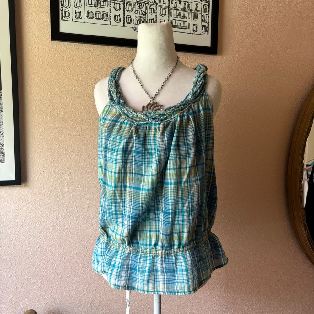 Y2K 2000s Blue Plaid Cotton Blouse